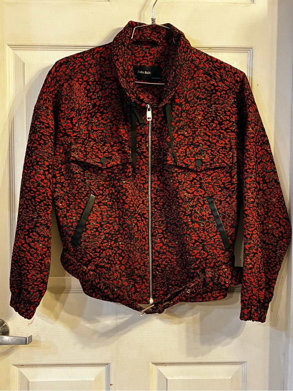 Zara basic red & black animal print jacquard moto-style Bomber Jacket, Size: L
